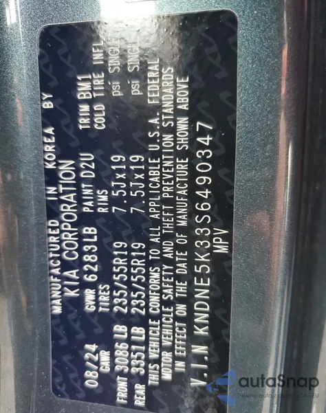 2025 Kia Carnival Sx z USA, uszkodzony, nr VIN KNDNE5K33S6490347